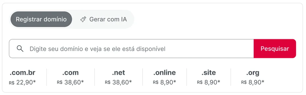 Versão anterior da busca: abas Registrar domínio e Gerar com IA acima do campo