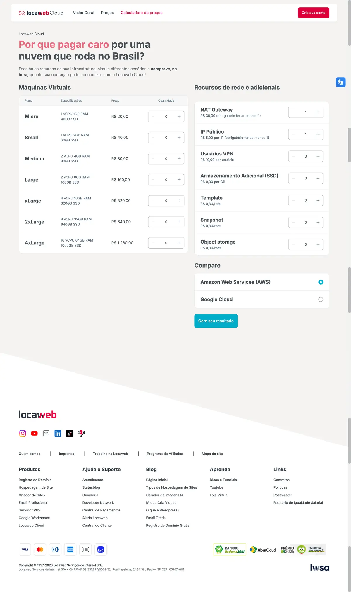 Calculadora de preços do Locaweb Cloud
