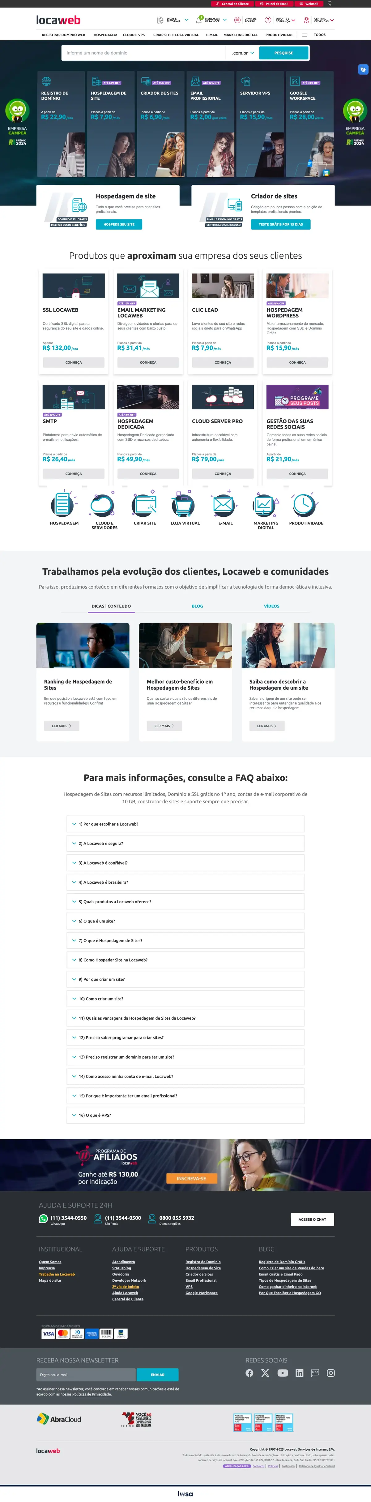 Home anterior da Locaweb, com produtos em blocos lado a lado