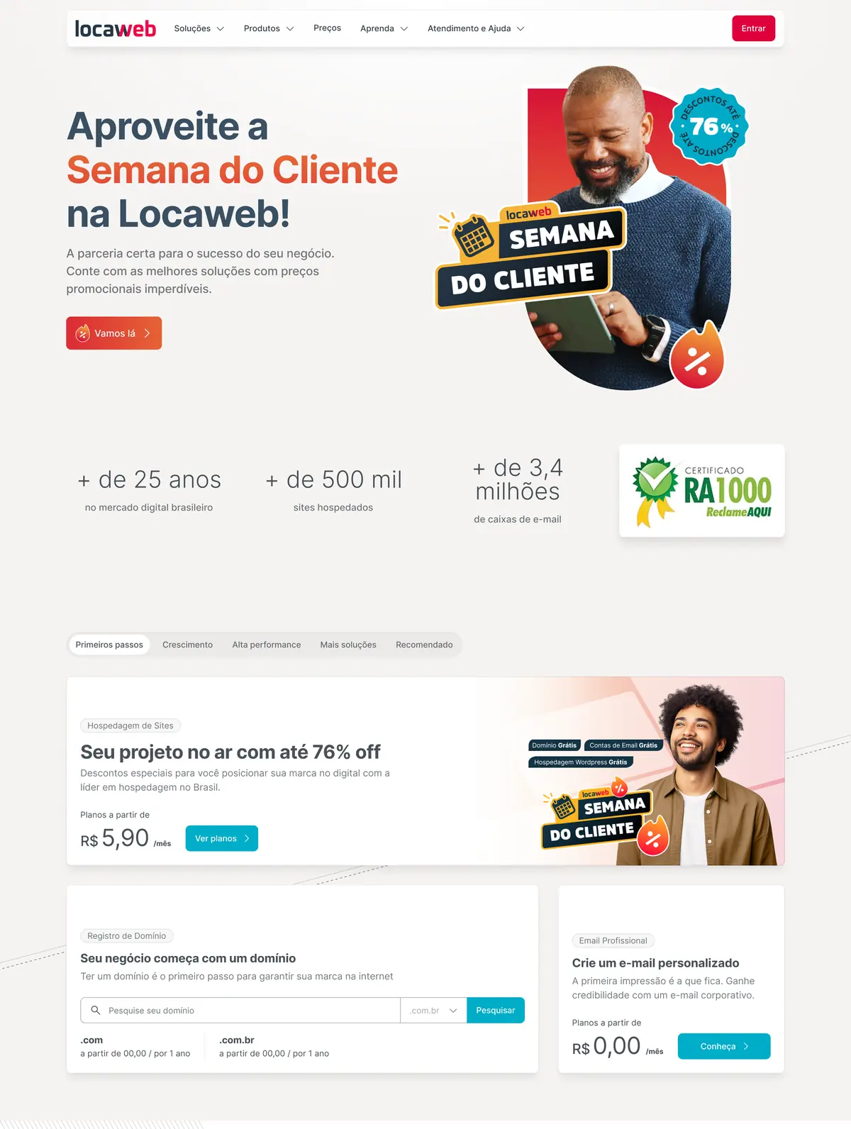 Home da Locaweb na Semana do Cliente
